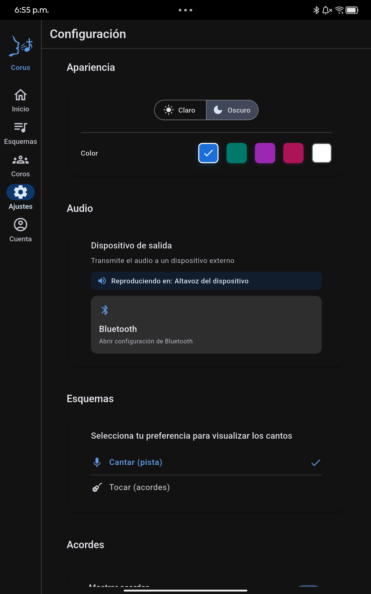 Pantalla de configuración de Corus mostrando opciones de notación de acordes y almacenamiento