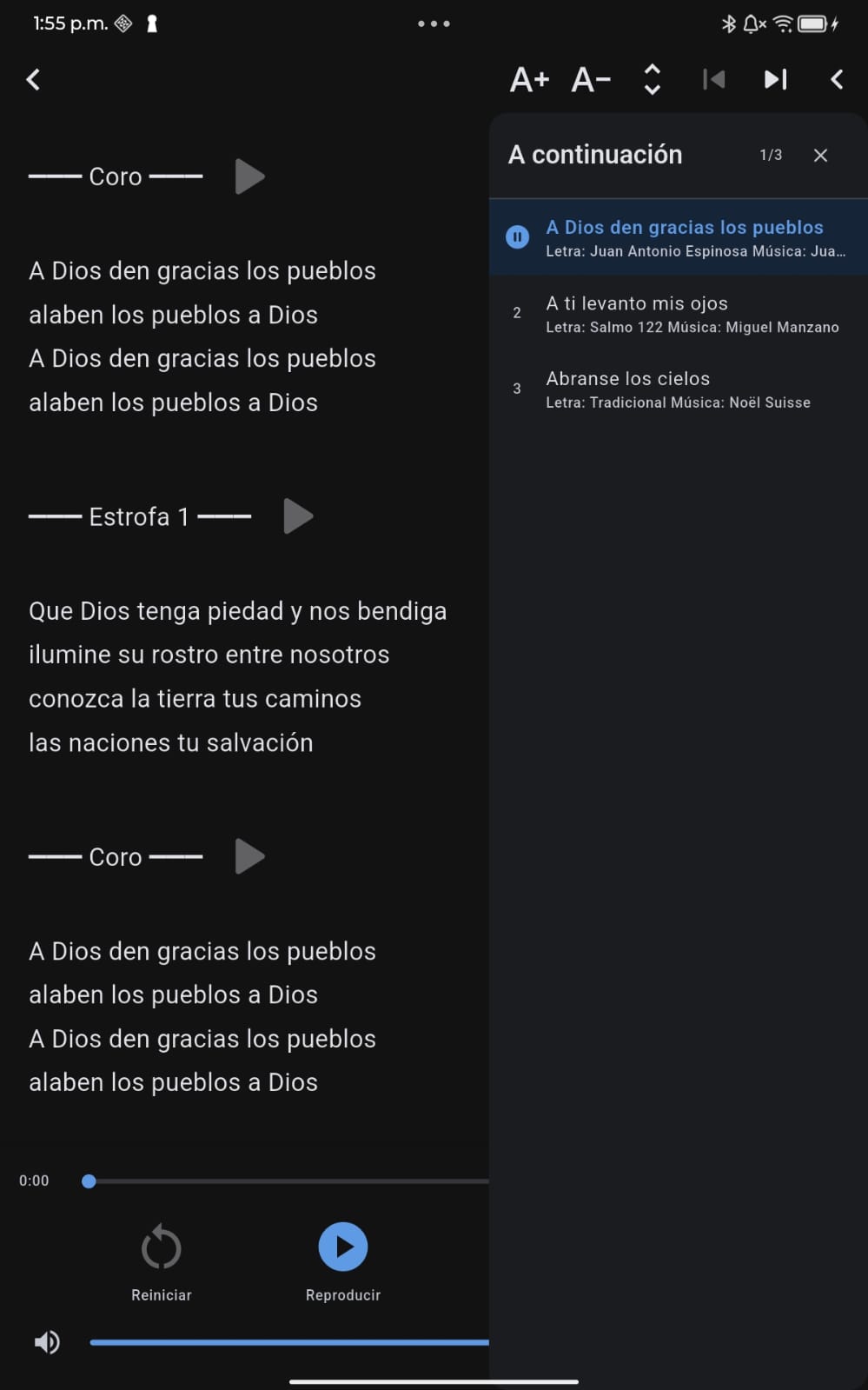 Corus en modo en vivo mostrando la cola de cantos del esquema con reproducción automática