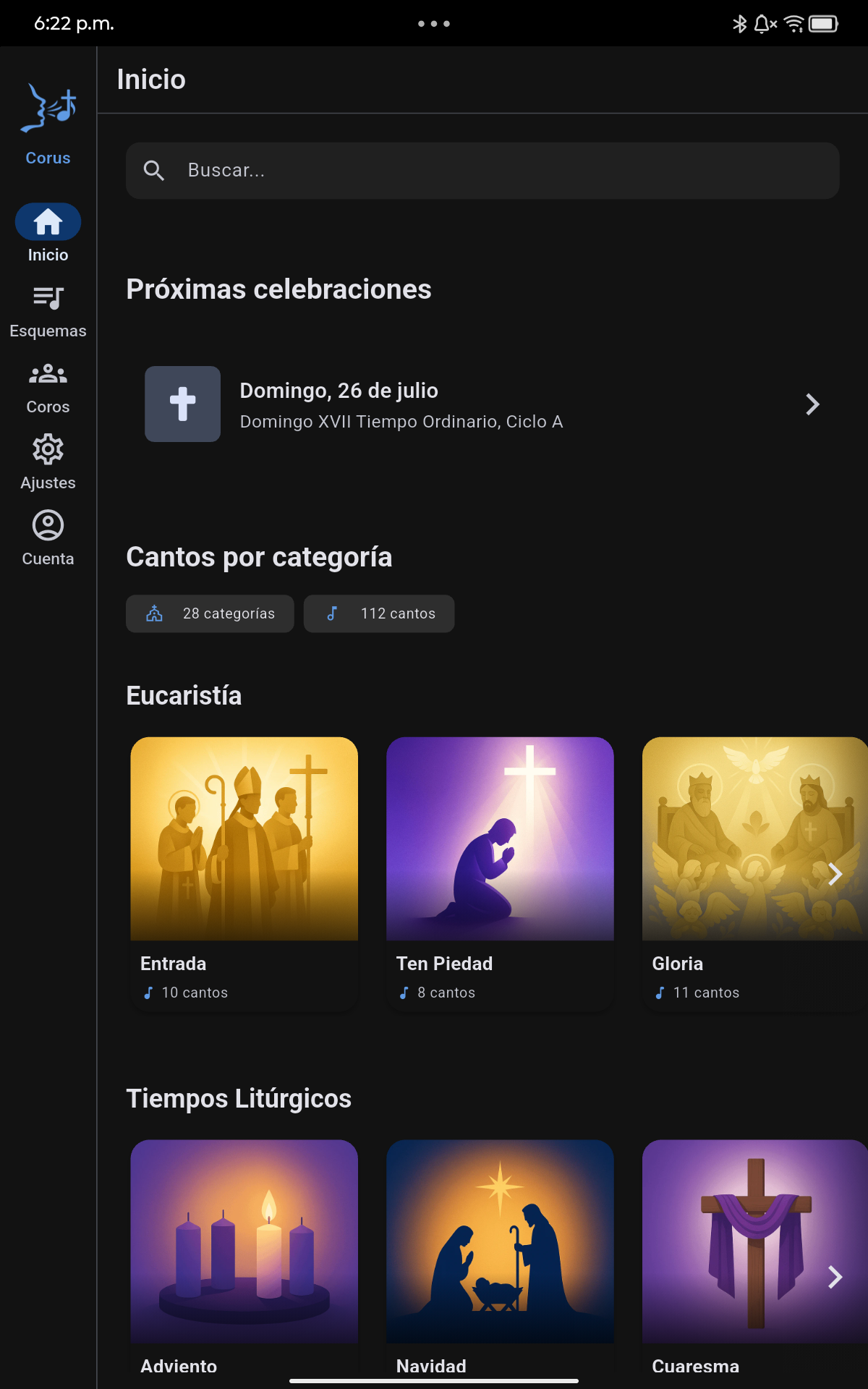 Pantalla de inicio de Corus mostrando el catálogo organizado por momentos litúrgicos