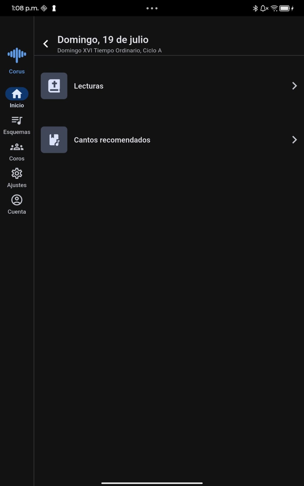 Corus mostrando el acceso a las lecturas y a los cantos recomendados del domingo