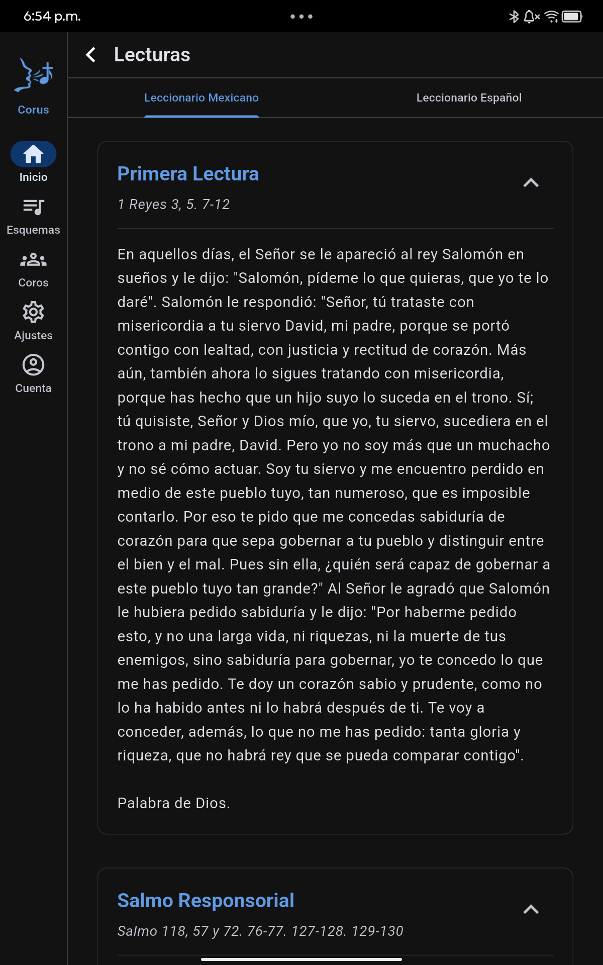 Pantalla de Lecturas en Corus con las pestañas Leccionario Mexicano y Leccionario Español
