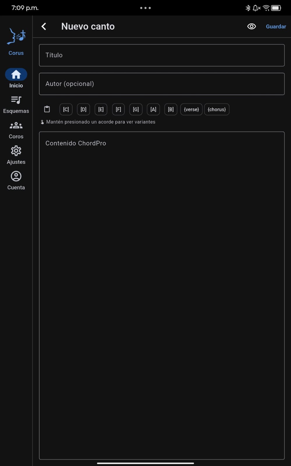 Editor de nuevo canto propio en formato ChordPro en Corus
